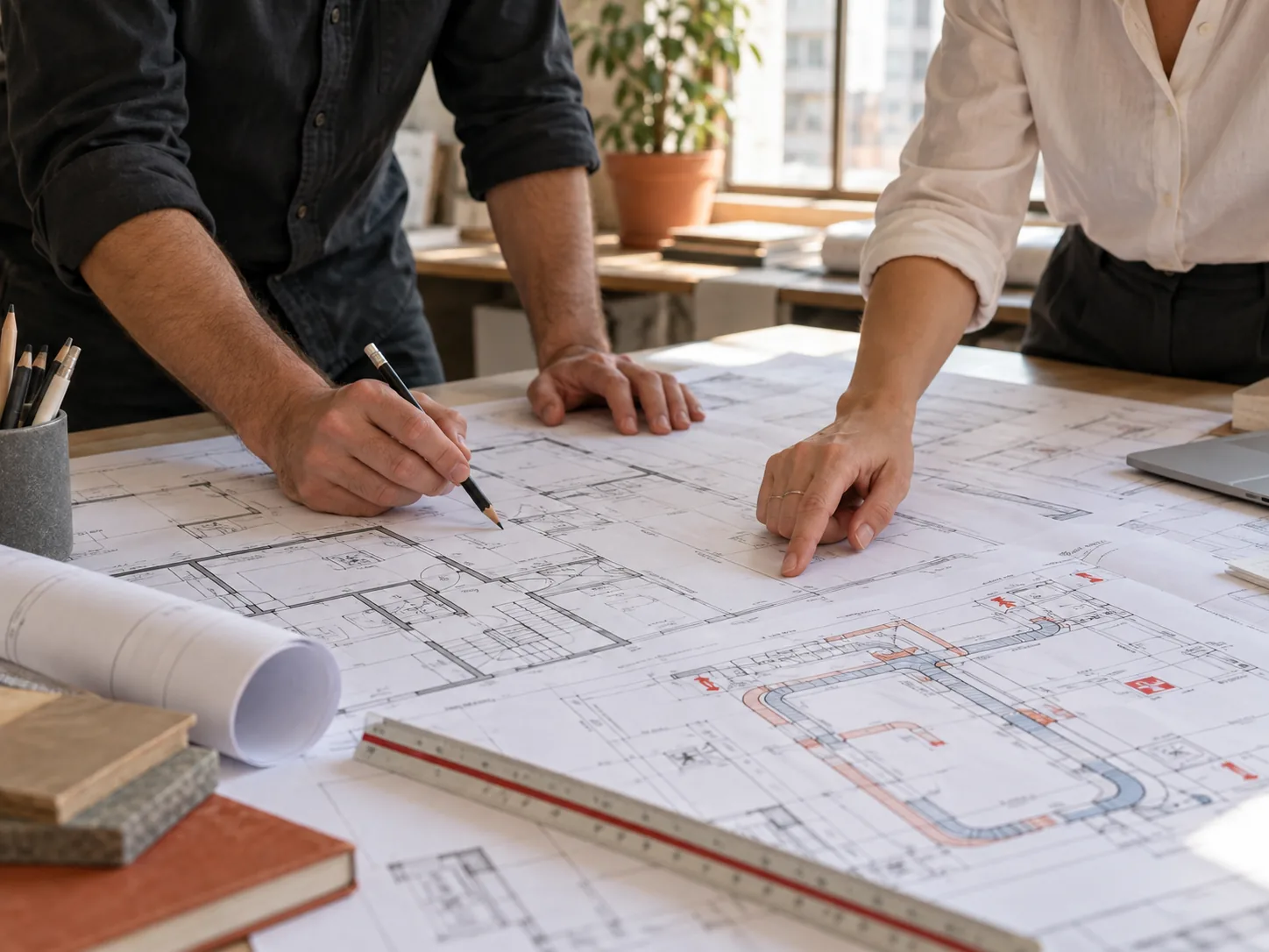 Imagen ilustrativa de profesionales revisando planos técnicos sobre una mesa